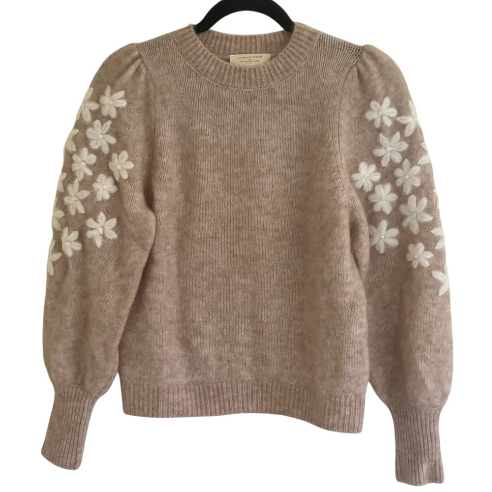 Sezane Beige Sweater with White Floral Sleeves